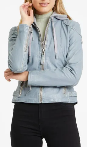 Blaue Damen-Lederjacke &bdquo;Finja&ldquo; mit Kapuze