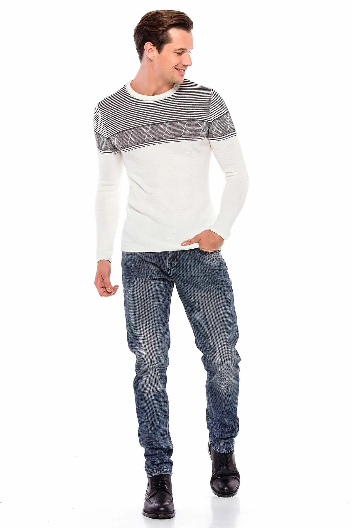 CD543 Herren Slim-Fit-Jeans mit Gitter-Musterung in Straight Fit