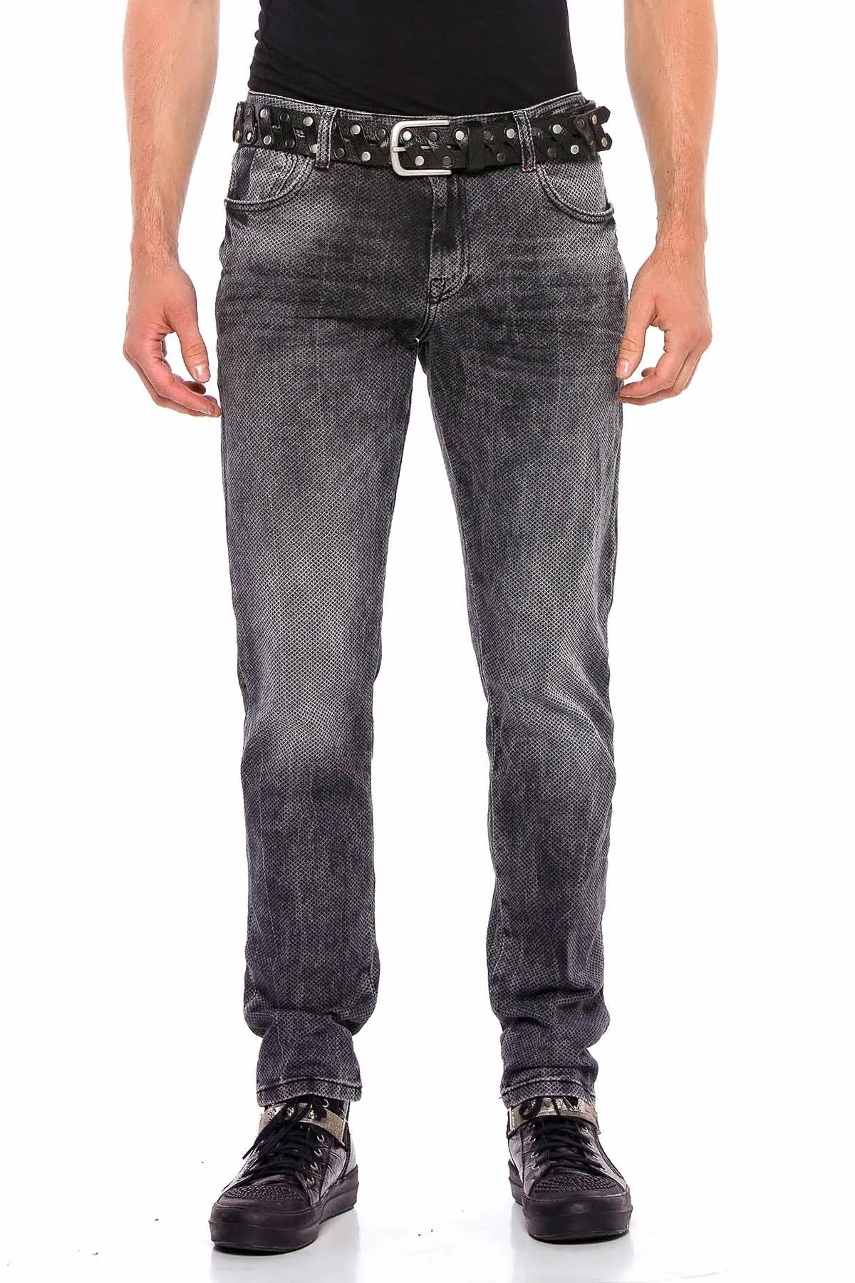 CD543 Herren Slim-Fit-Jeans mit Gitter-Musterung in Straight Fit