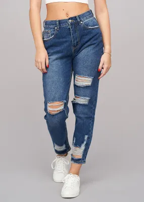 Cloud5ive Damen High-Waist Boyfriend Destroyed Jeans Hose 5-Pockets dunkel blau denim