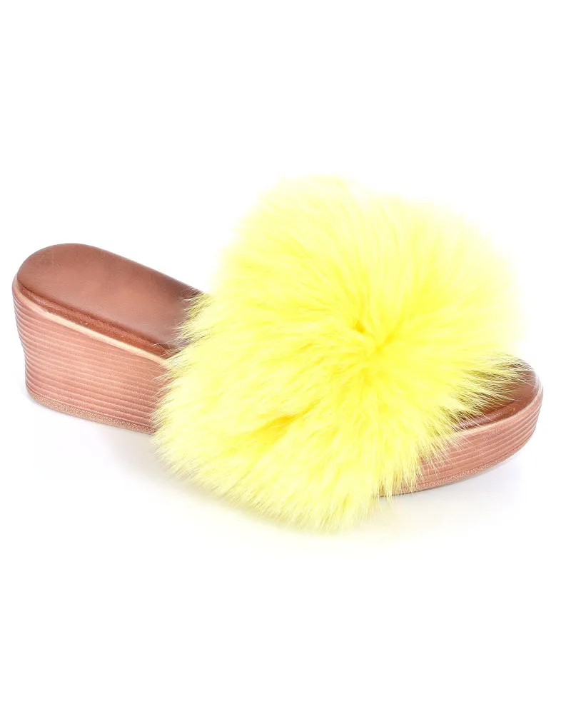 Damen Keilpantoletten mit gelb Fuchsfell