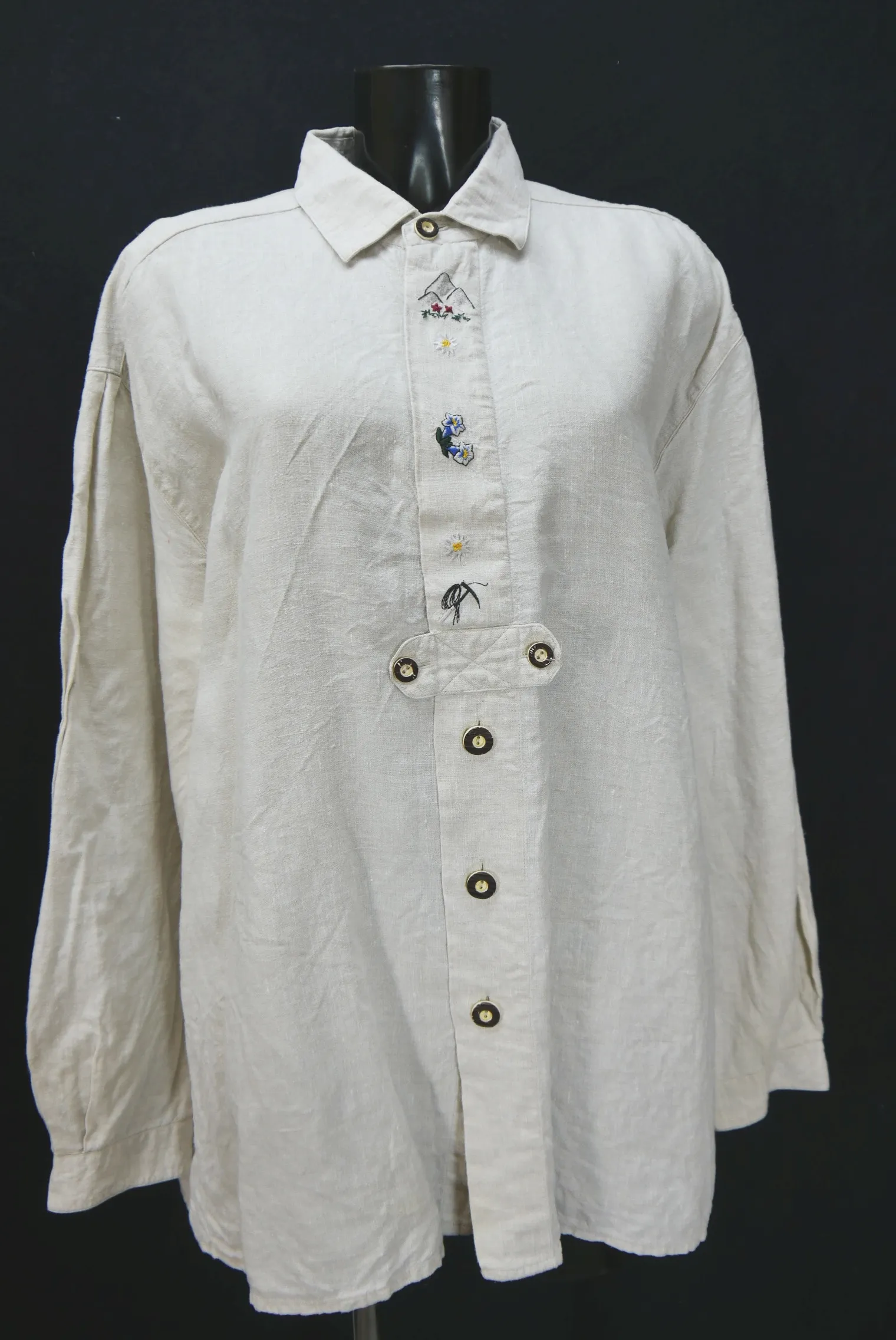Trachtenhemd von Gloriette leichtes Leinenhemd beige Enzian Stickerei Gr.XL 43