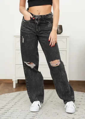 Urban Classics Damen Jeans im Destroyed-Look mit weitem Schnitt washed schwarz