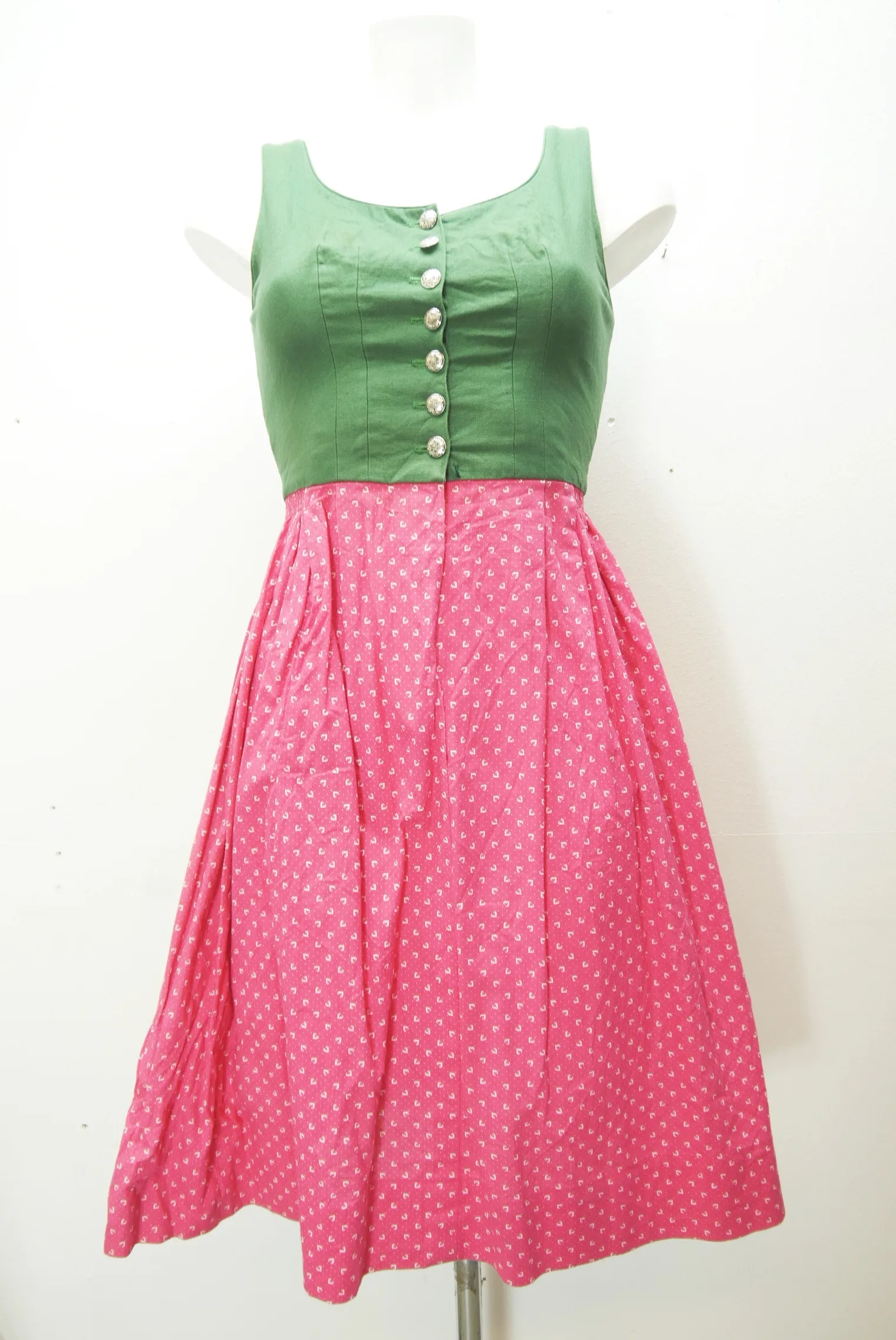 Von Hand geschneidert Vintage Dirndl grün/rosa Leinen/Baumwolle m. Schürze Gr.34