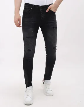 Zerrissene Slim-Fit-Jeans für Herren mit Farbspritzern – MM-S-116 – Schwarz